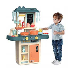 Lenosed Kids Play Kitchen, 42-Piece Simulation Toy Set with Spray Water, Tableware, Cooking Set, Fruit, Vegetable, and Tea Playset for Early Childhood Educational Development