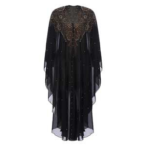 OBEEII Women's Muslim Dress, Loose Batwing Sleeve, Hooded with Beaded Embroidery, Long Abaya Kaftan Islamic Robe